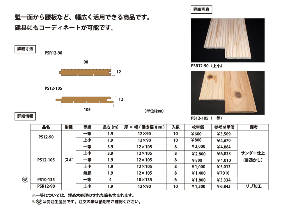スギ 羽目板の寸法・仕様・価格